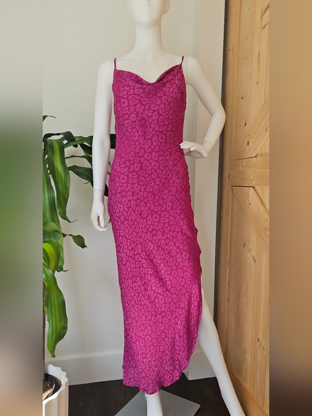 BAR III Magenta Pink Leopard-Print Asymmetrical Long Slip‎ Dress. Size S